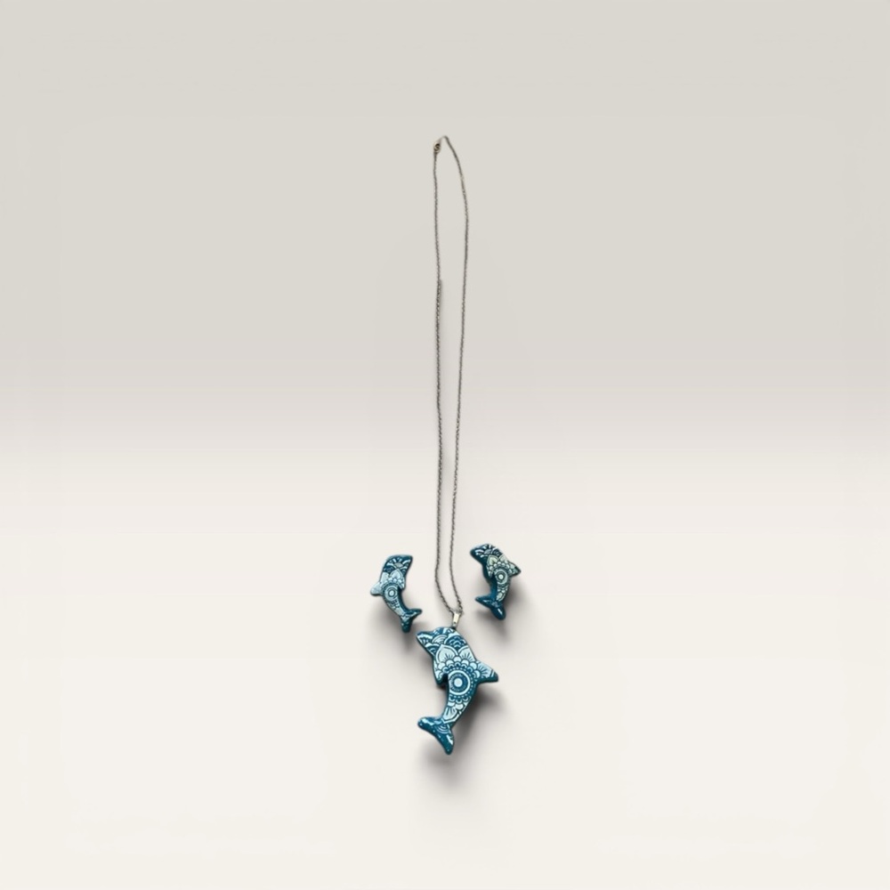 Dolphin Necklace & Earring Set – 30” Chain – Coastal Beach Style